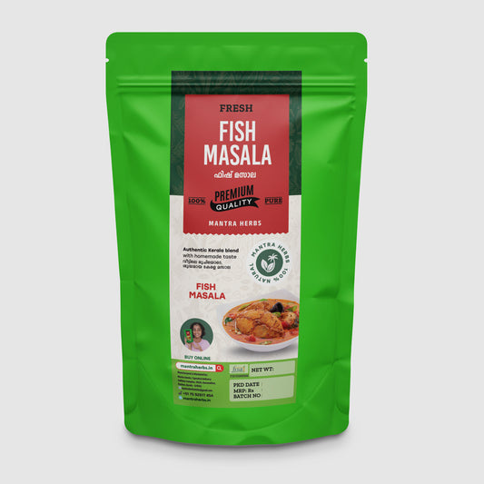 Mantra Herbs Fish Masala – homemade Kerala-style spice blend for fish curry and fry, natural and preservative-free.