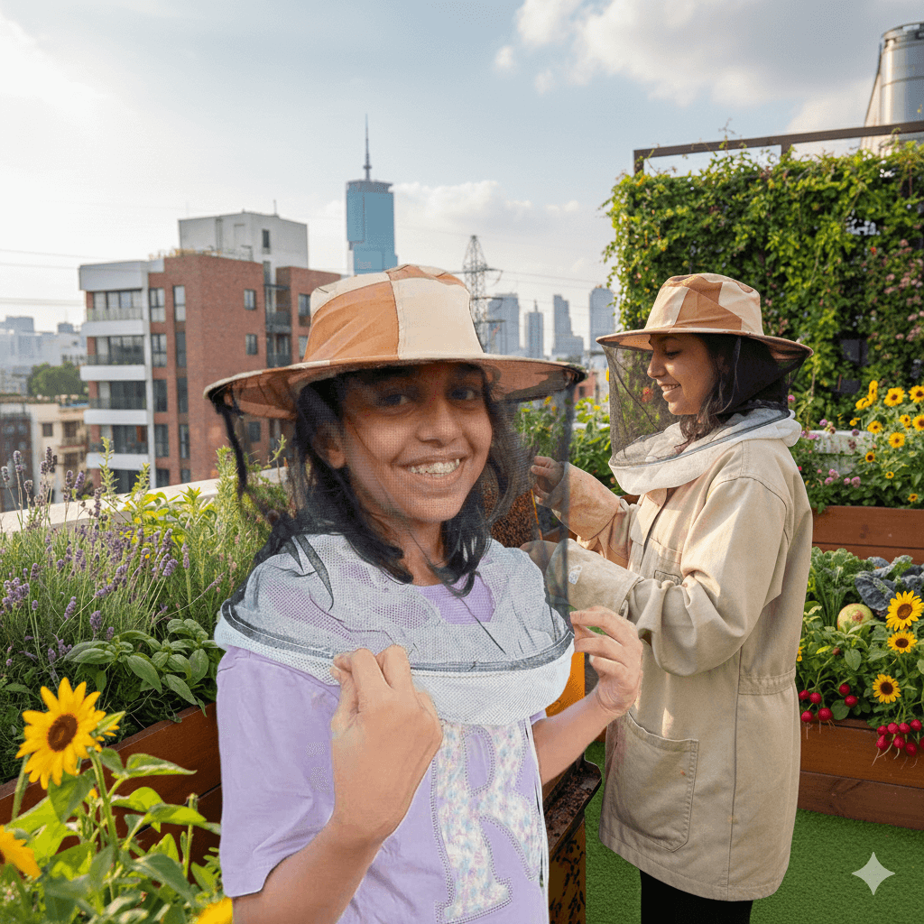 Neha Dibu (Neha Xoul) smiling in a bee veil during urban beekeeping on a terrace garden, with another person in the background, for Mantra Herbs.