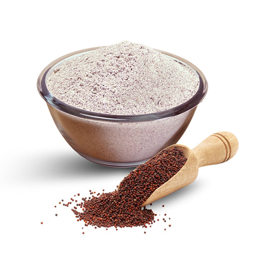 Ragi (Muthari) powder in a glass bowl with whole finger millet grains in a wooden scoop, showing the natural homemade quality of Mantra Herbs product