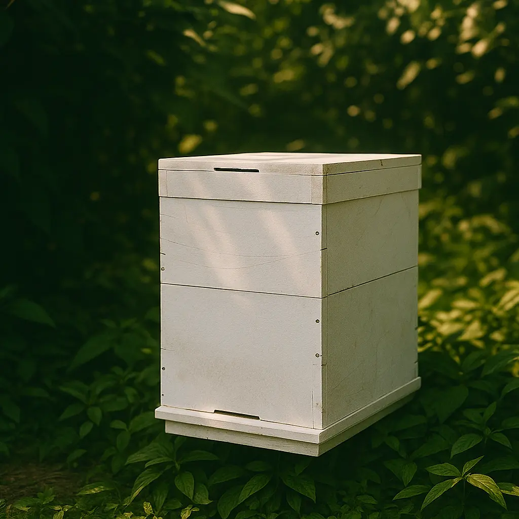 White Newton wooden honey bee box for beekeeping and farming, photographed for Mantra Herbs’ sustainable beekeeping collection.